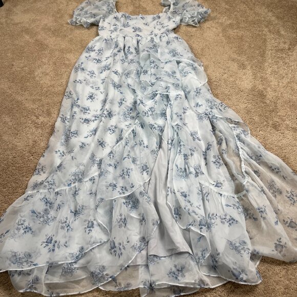 Storia Dress Womens M Blue Floral Coquette Ruffle Milkmaid Corset Puff Wedding - Picture 2 of 11